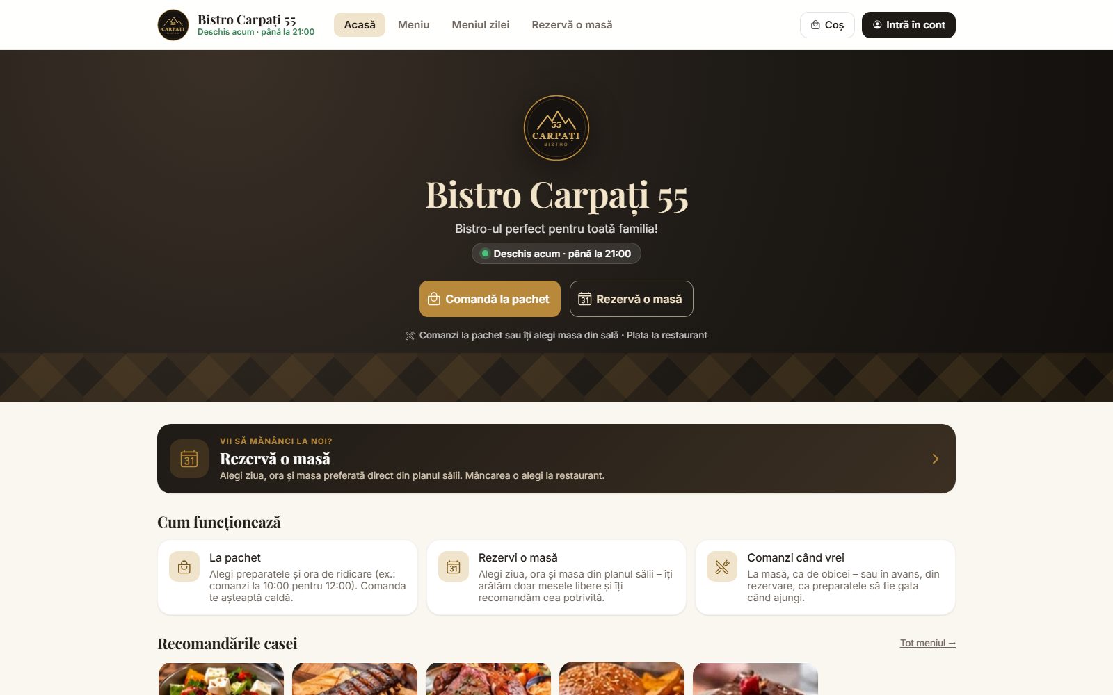 Bistro Carpați 55 home page with takeaway ordering and table reservation